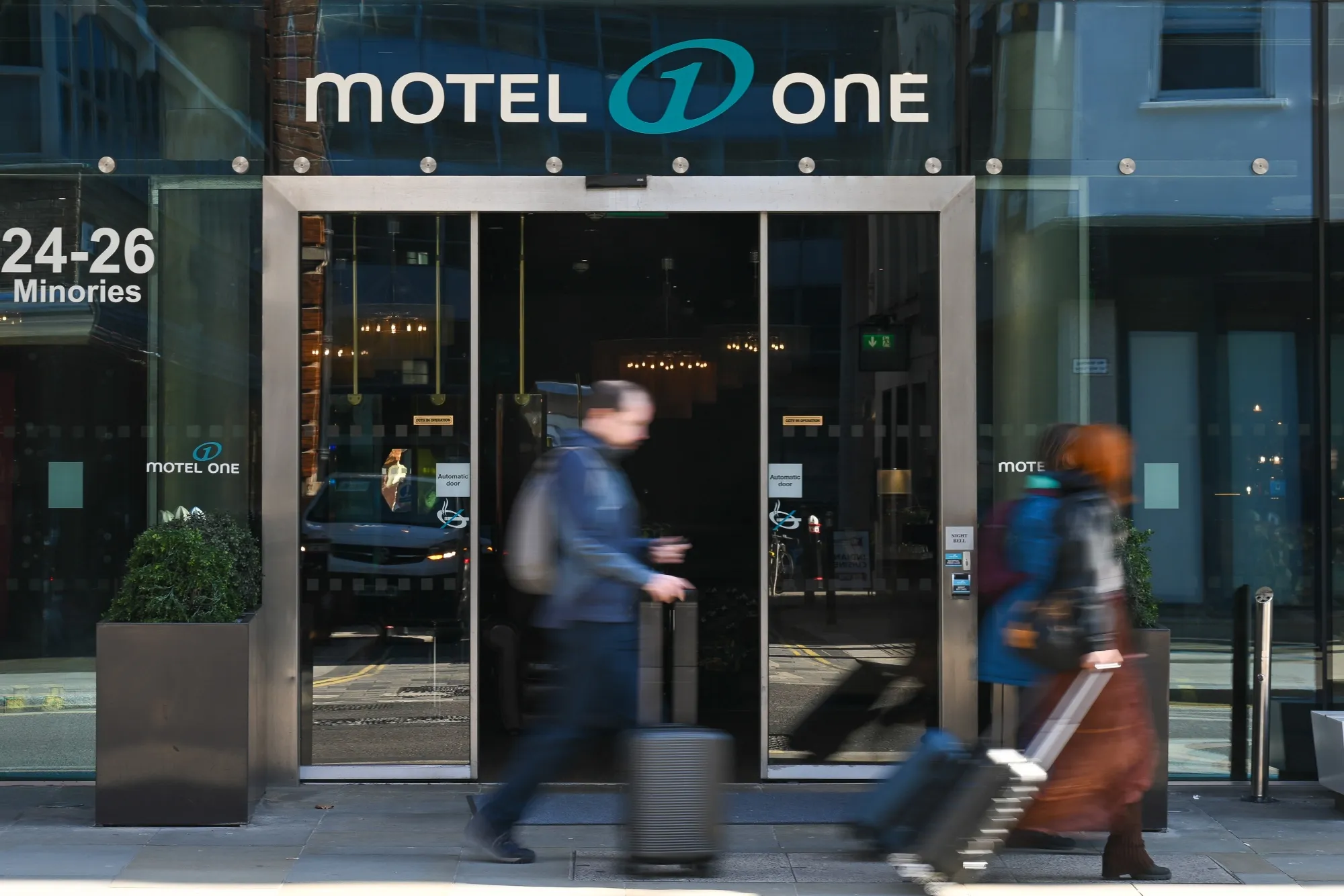 An entrance to the Motel One London-Tower Hill hotel in London, on March 3, 2025.