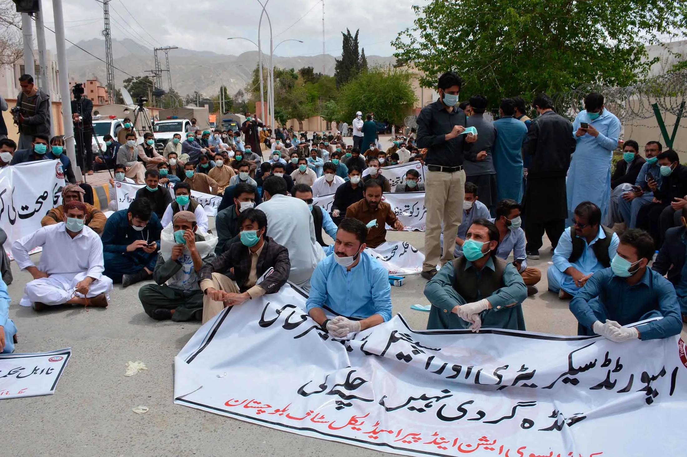 Doctors and paramedics protest the unavailability of safety equipment in Quetta, Pakistan, on April 6.