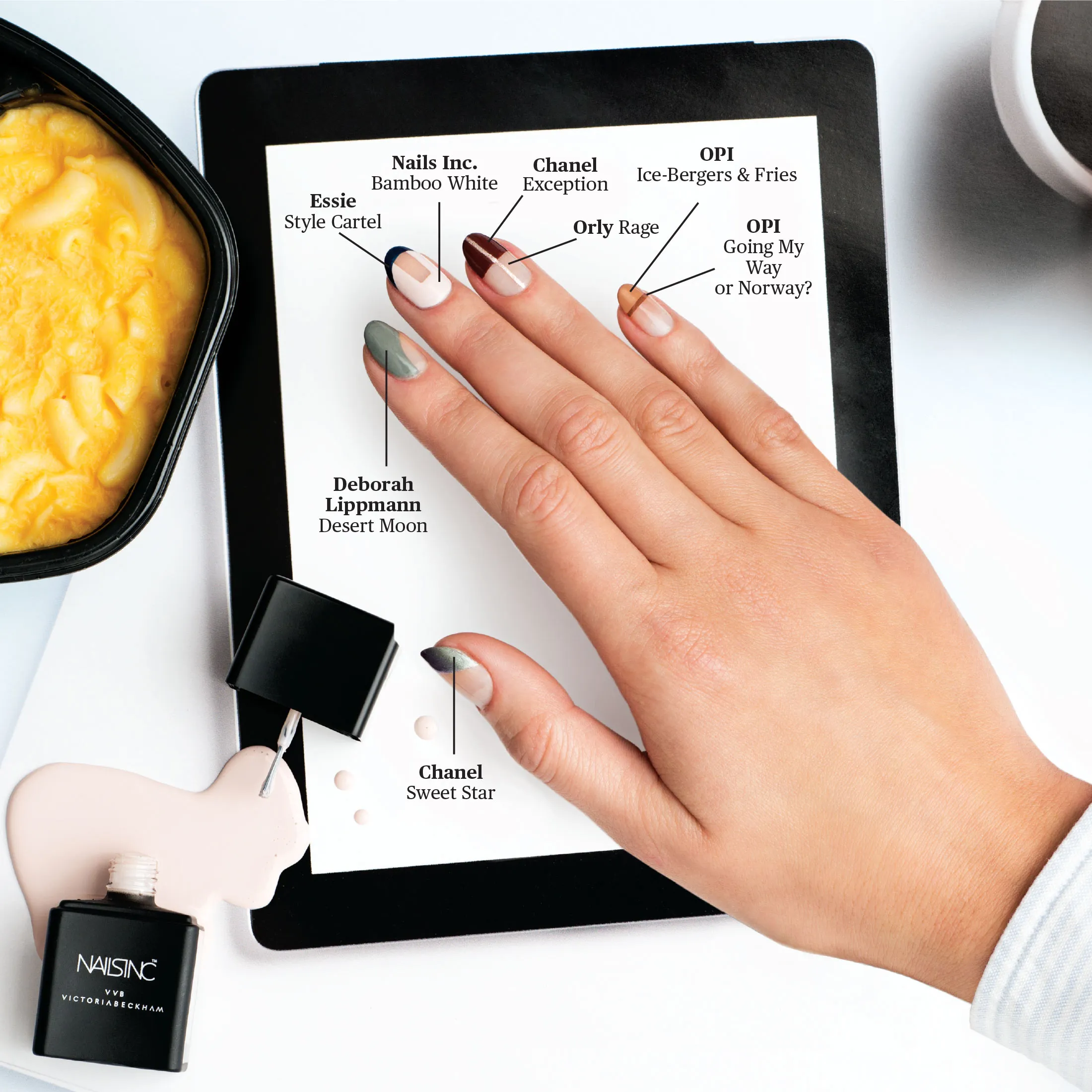 Fashion designers including Prabal Gurung and Marissa Webb featured nails like these on their latest runways. London’s Nails Inc. teamed up with designer Victoria Beckham to create Bamboo White (left). It’s got barely visible pink undertones and an extract of its namesake plant, which reduces brittleness. $25; nailsinc.com.
