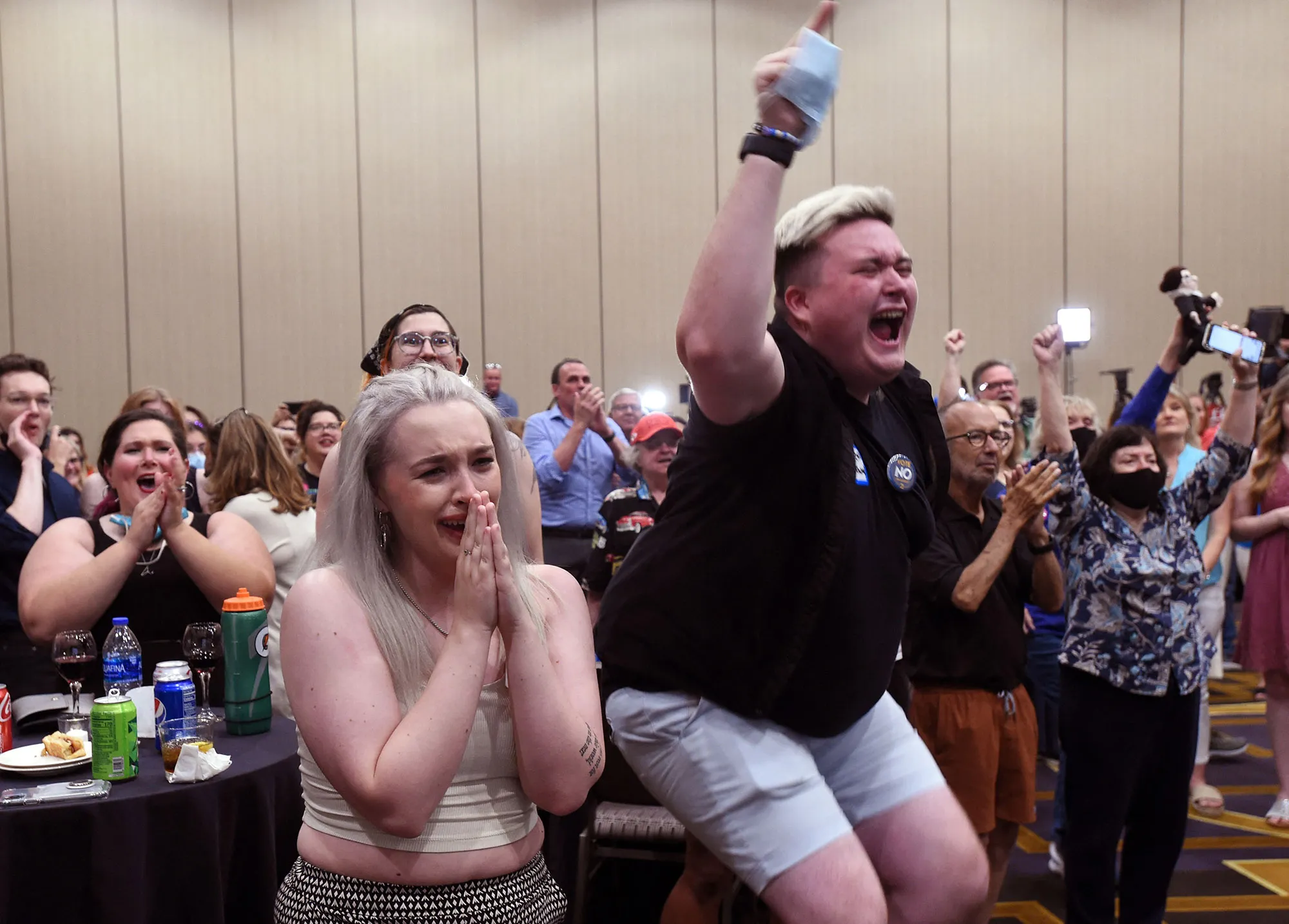 Abortion rights&nbsp;supporters react to the failed constitutional amendment proposal at the Kansas Constitutional Freedom Primary Election Watch Party in Overland Park, Kansas on Aug.&nbsp;2.
