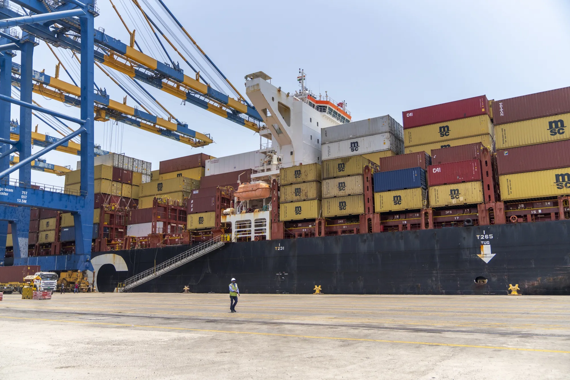 Shipping containers on a container ship in Gujarat, India.