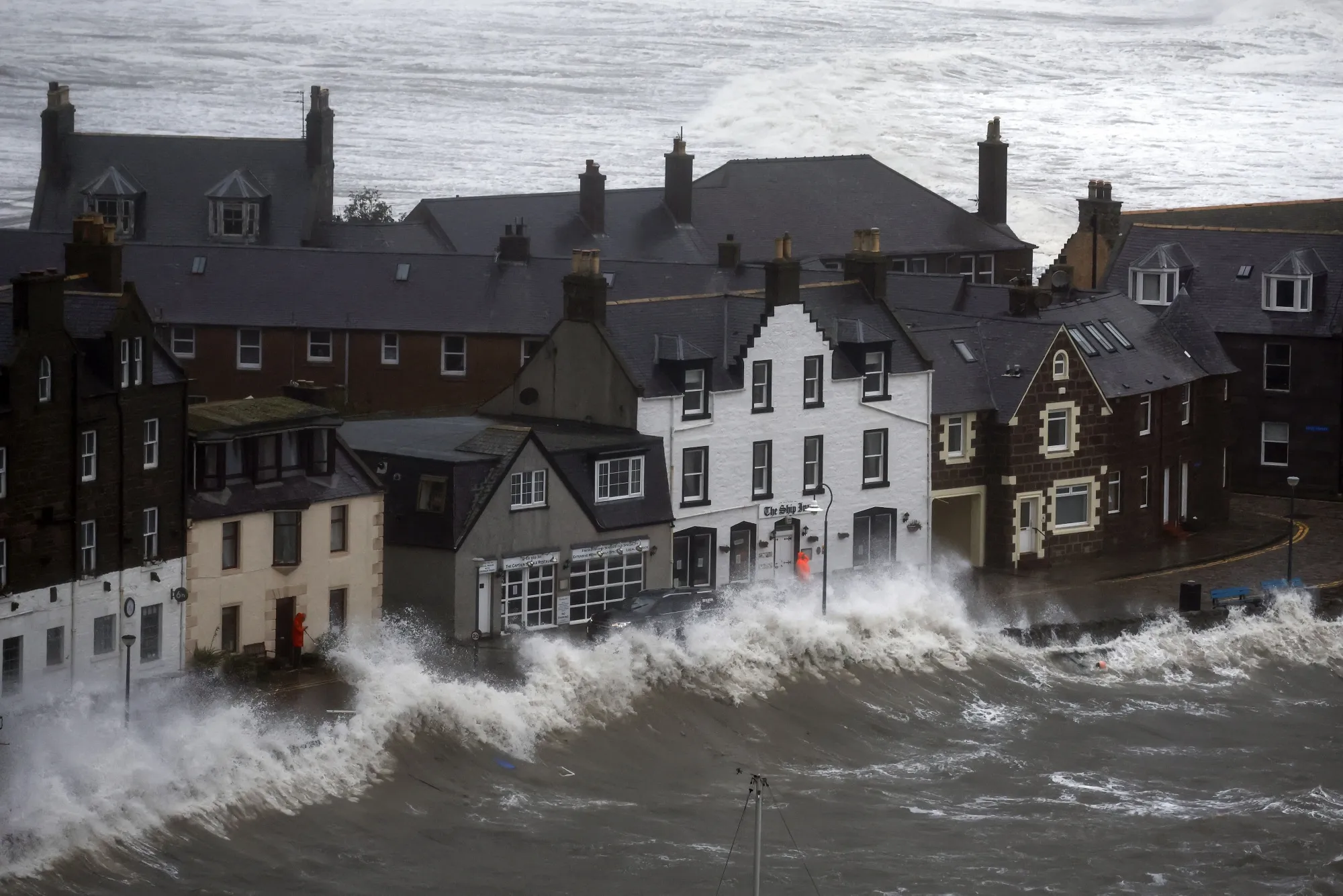 Large storm waves in Stonehaven, Scotland. Exceptional rainfall could result in damage to buildings.
