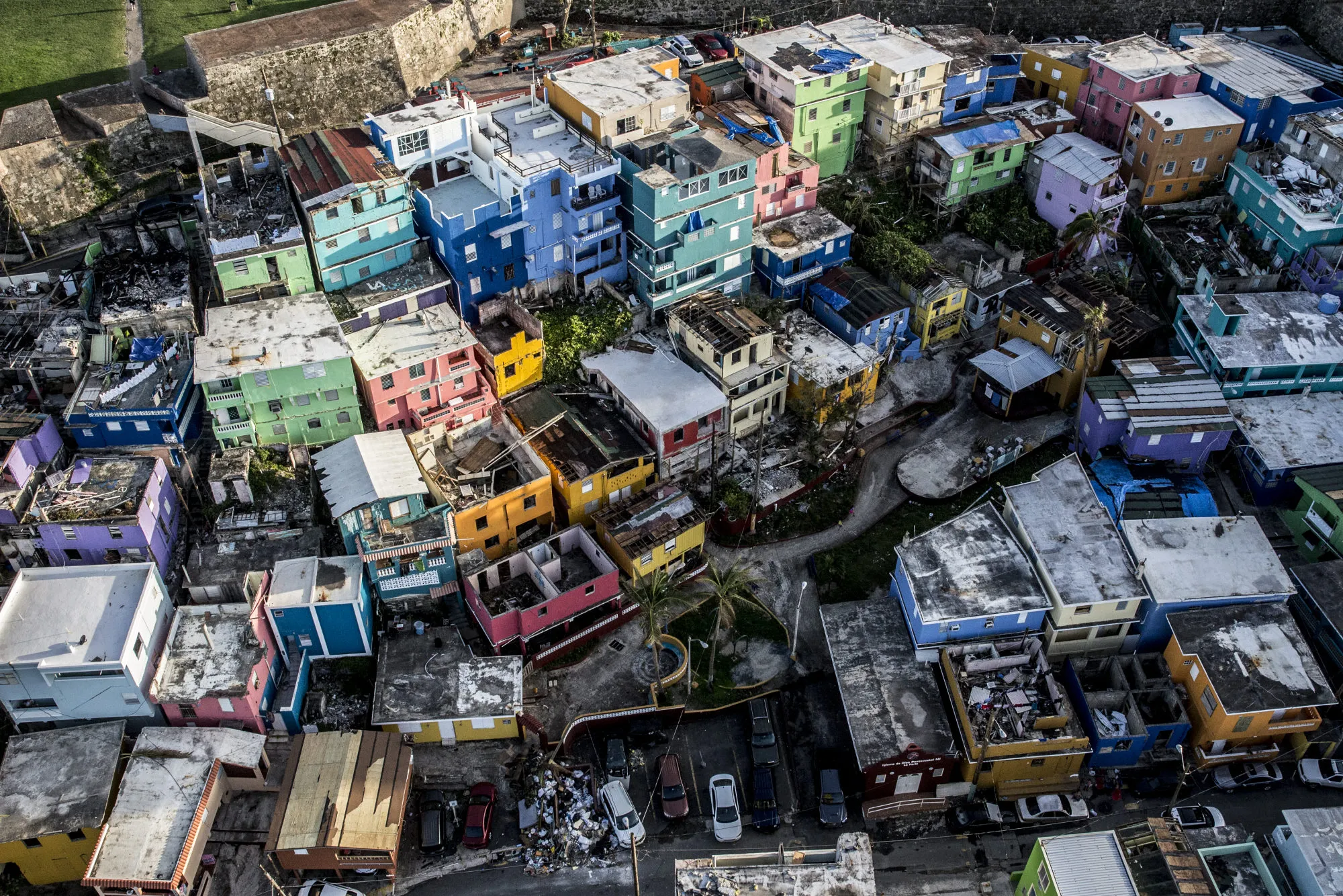 Destroyed homes sit surrounded by debris from Hurricane Maria in this aerial photograph taken above La Perla in San Juan, Puerto Rico, on Monday, Sept. 25, 2017.