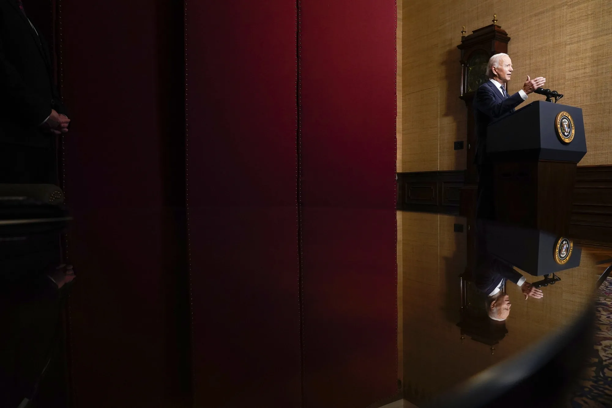 Joe Biden speaks in the Treaty Room of the White House on April 14.