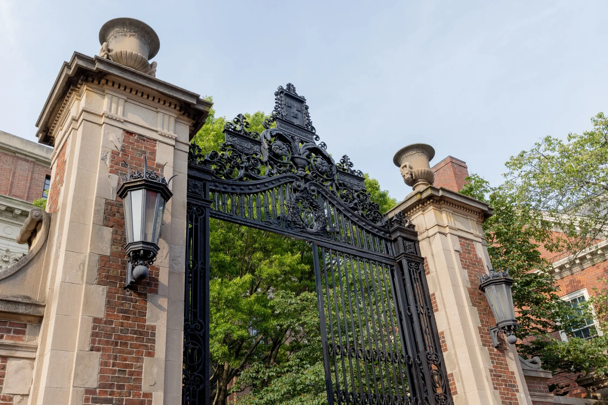 An entrance to Harvard Yard on the Harvard University campus in Cambridge, Massachusetts.