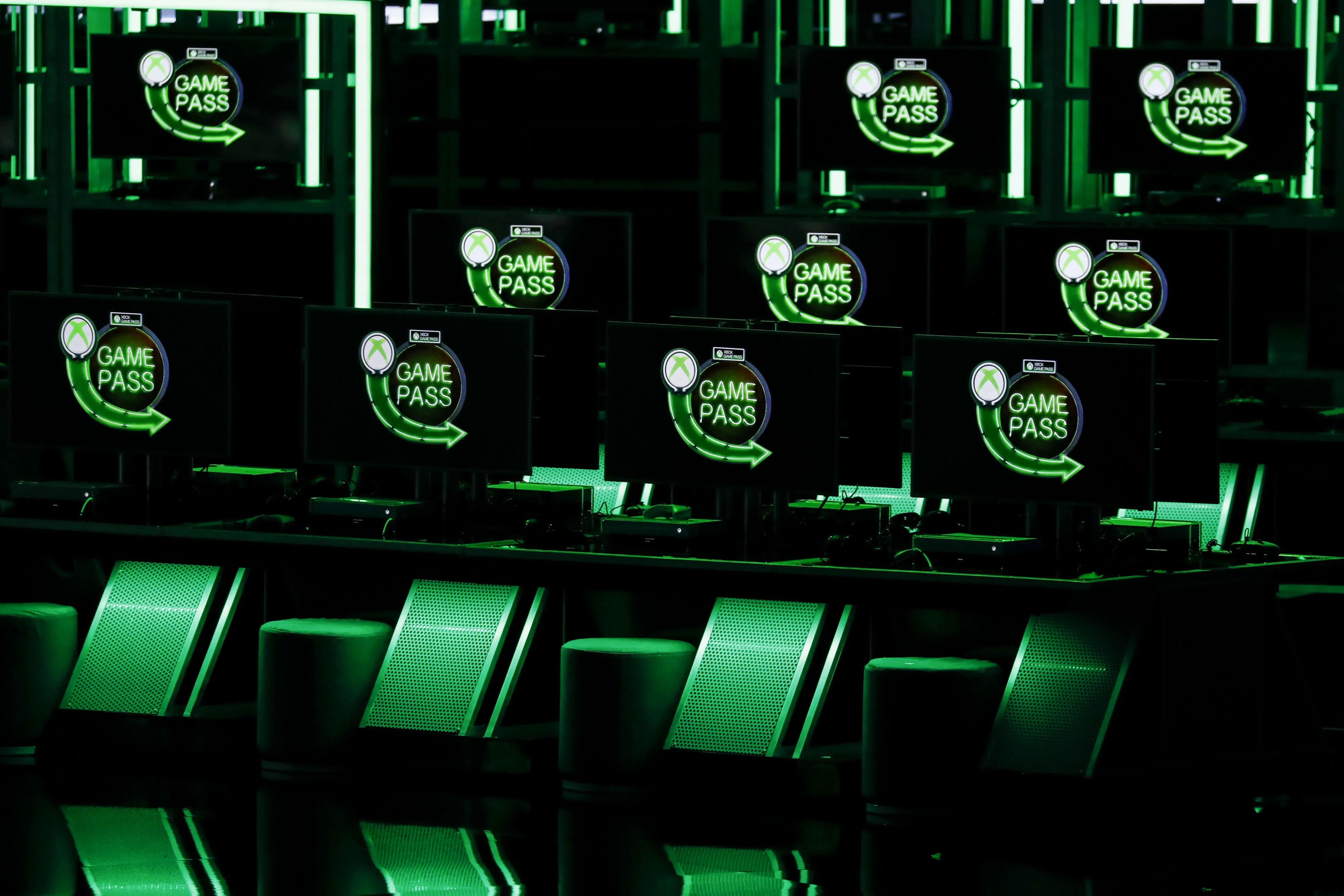 The Game Pass logo is displayed on monitors during the Microsoft Corp. Xbox event ahead of the E3 Electronic Entertainment Expo in Los Angeles.