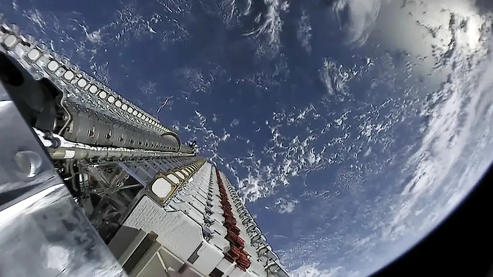Starlink satellites stacked ahead of deployment.