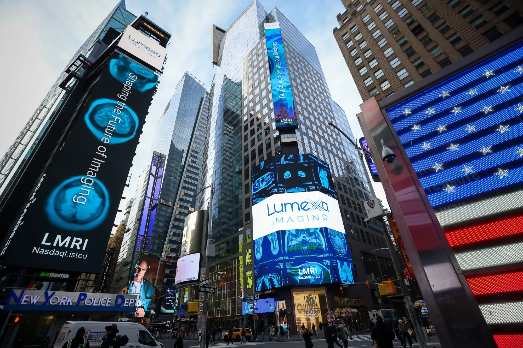 Lumexa Imaging Holdings Inc. signage during the company's initial public offering (IPO) at the Nasdaq MarketSite in New York on Dec. 11.