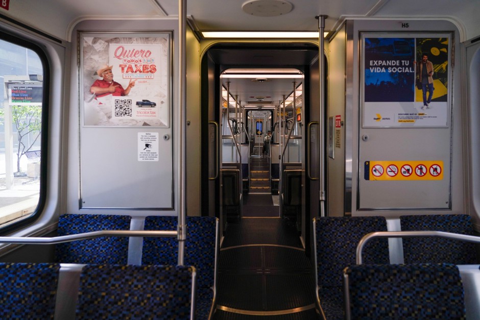 Empty seats are seen on a Dallas Area Rapid Transit (DART) train in downtown Dallas in April.