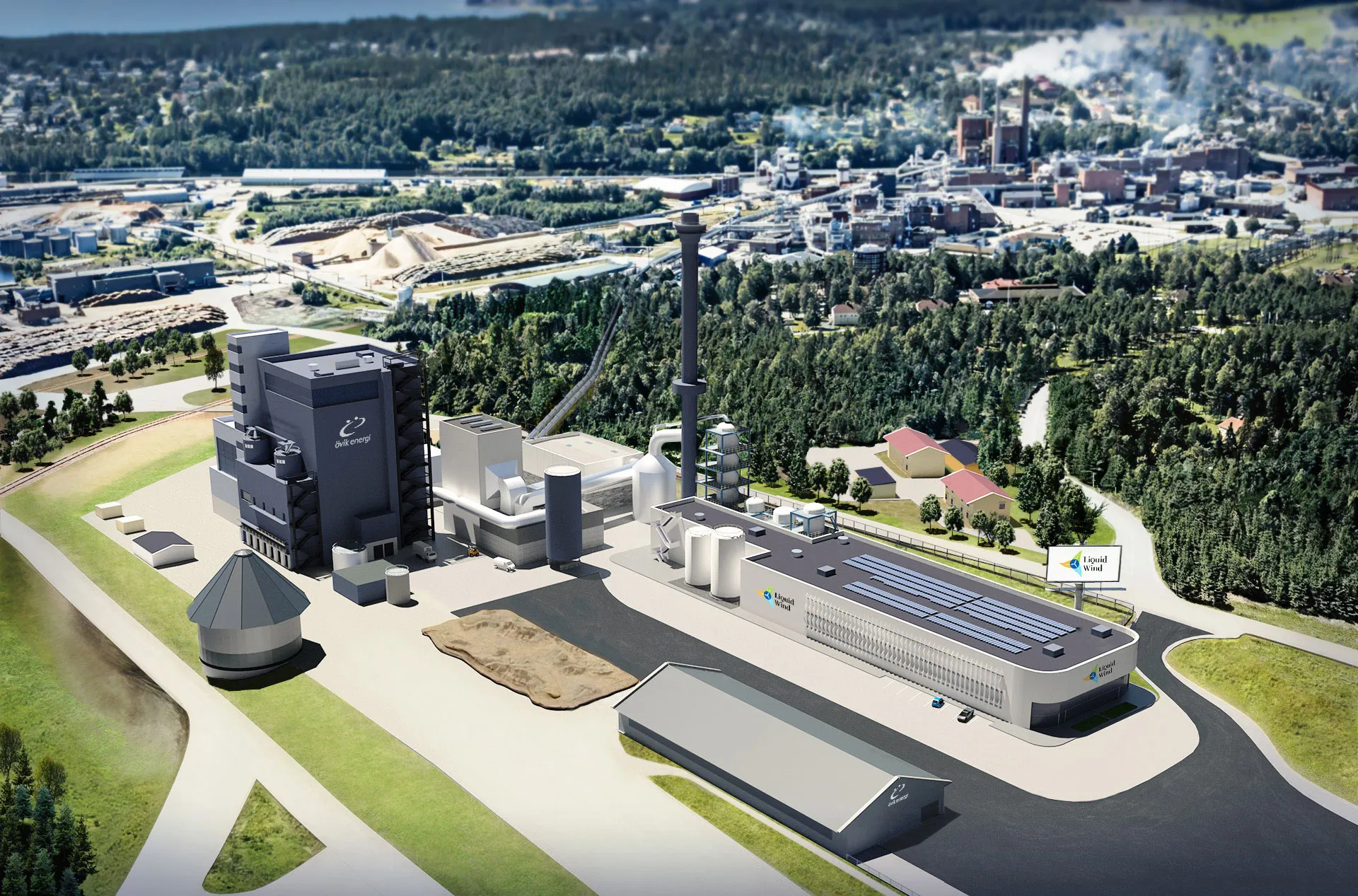 An illustrative rendering of the FlagshipONE e-methanol plant in Örnsköldsvik, Sweden.