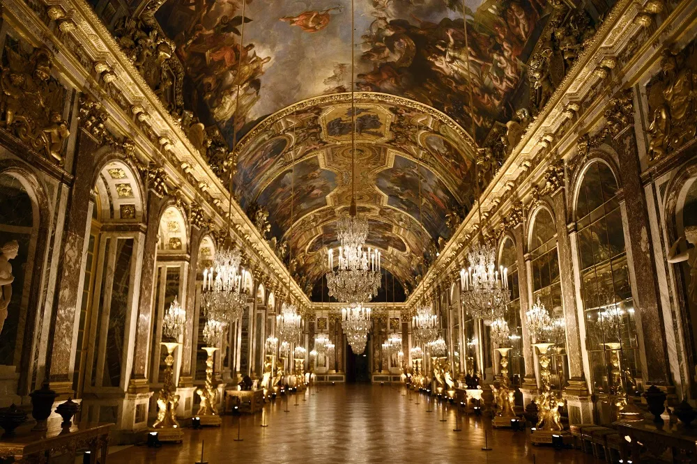 The Hall of Mirrors at the Versailles Palace near Paris.