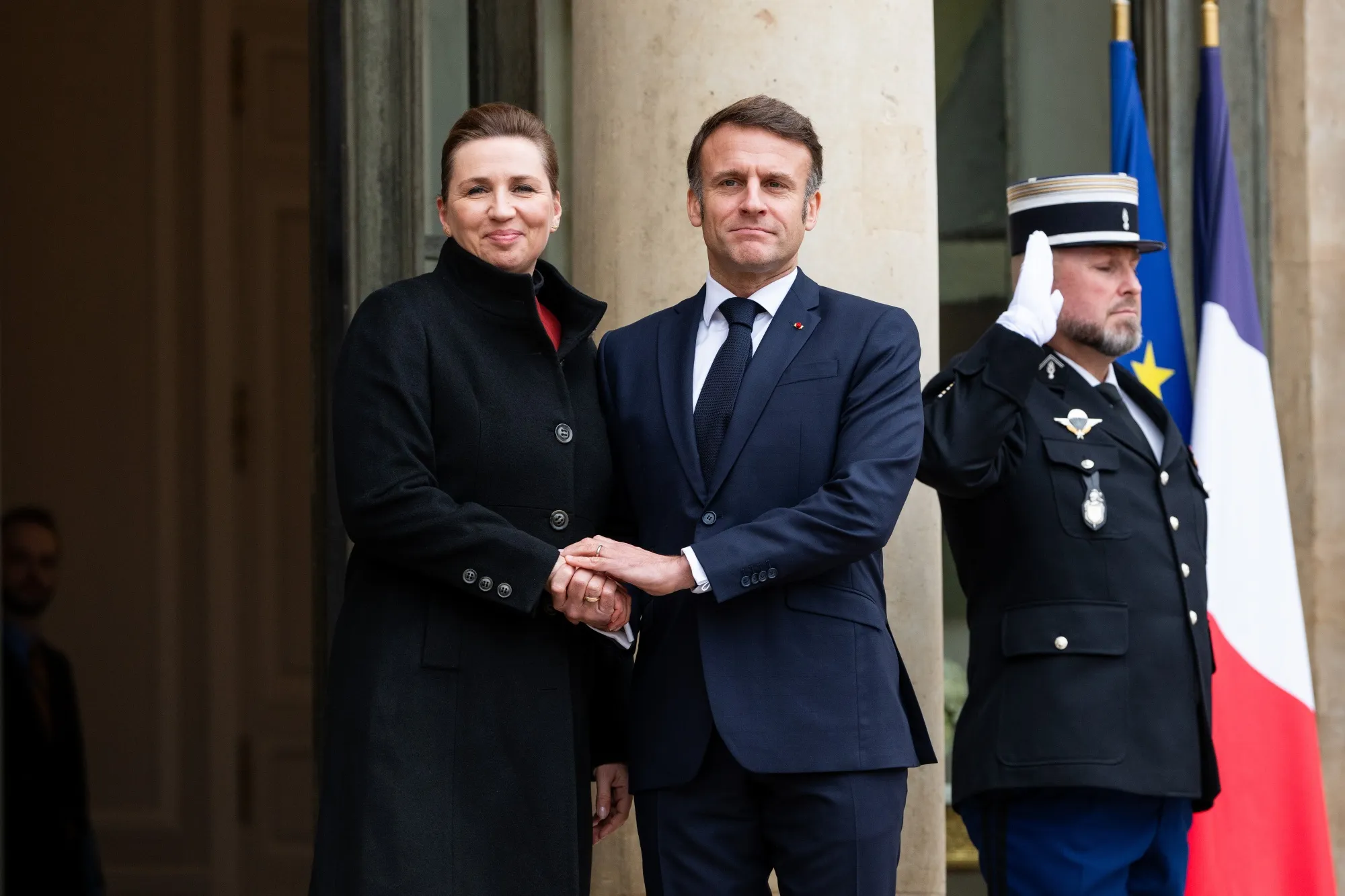 Emmanuel Macron, France's president, right, and Mette Frederiksen, Denmark's prime minister in Paris today