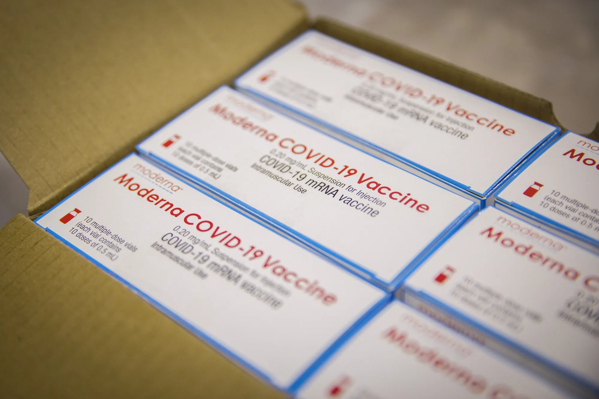 Boxes of the Moderna&nbsp;Covid-19 vaccines.