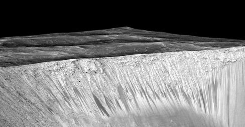 Dark narrow streaks called "recurring slope lineae" line the walls of Garni crater, on Mars. The dark streaks here are up to few hundred meters in length. Researchers believe they may provide evidence of flowing, briny water on the Red Planet.