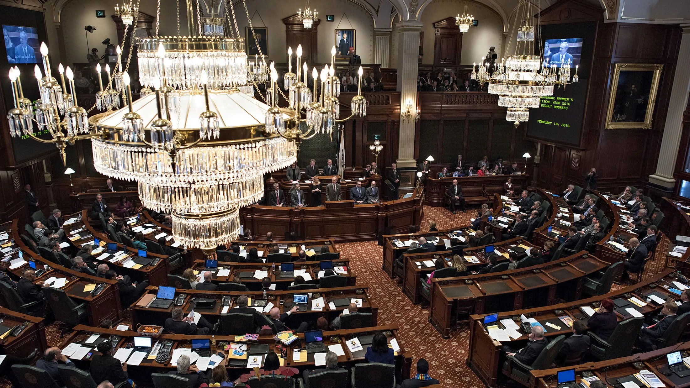Bruce Rauner, governor of Illinois, delivers a budget address in the House Chamber of the State Capitol building in Springfield, Illinois, U.S., on Wednesday, Feb. 18, 2015.
