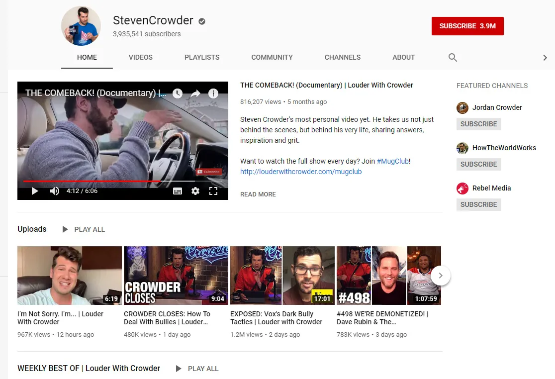 Crowder’s YouTube channel.