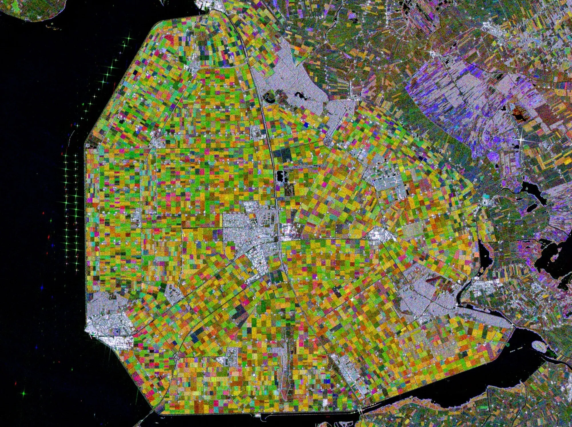 Copernicus Sentinel-1 satellite image of the&nbsp;Dutch province of Flevoland that produces predominantly apples, cereals, potatoes and flowers.&nbsp;