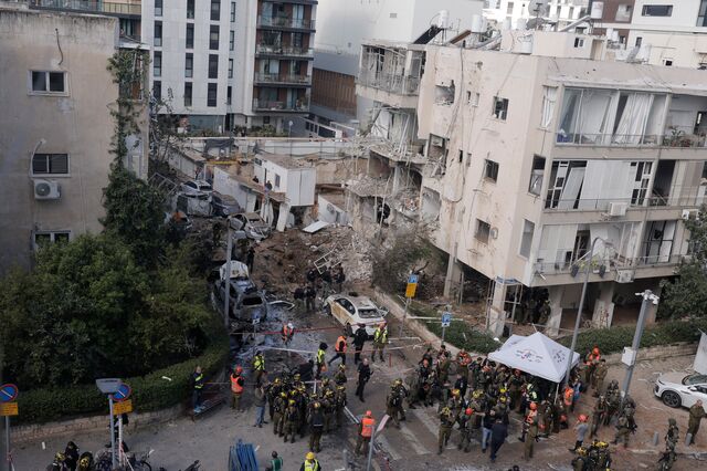 Damage from a blast impact after an overnight missile strike in Tel Aviv on March 25.