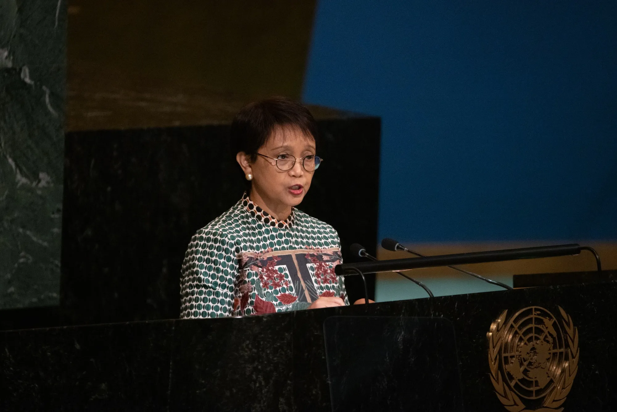 Retno Marsudi, Indonesia's foreign affairs minister, speaks during the United Nations General Assembly (UNGA) in New York, US, on Monday, Sept. 26, 2022. This is the third United Nations General Assembly taking place under the shadow of Covid-19.