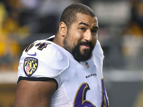 Offensive lineman John Urschel of the Baltimore Ravens before a game against the Pittsburgh Steelers on Nov. 2, 2014, in Pittsburgh.