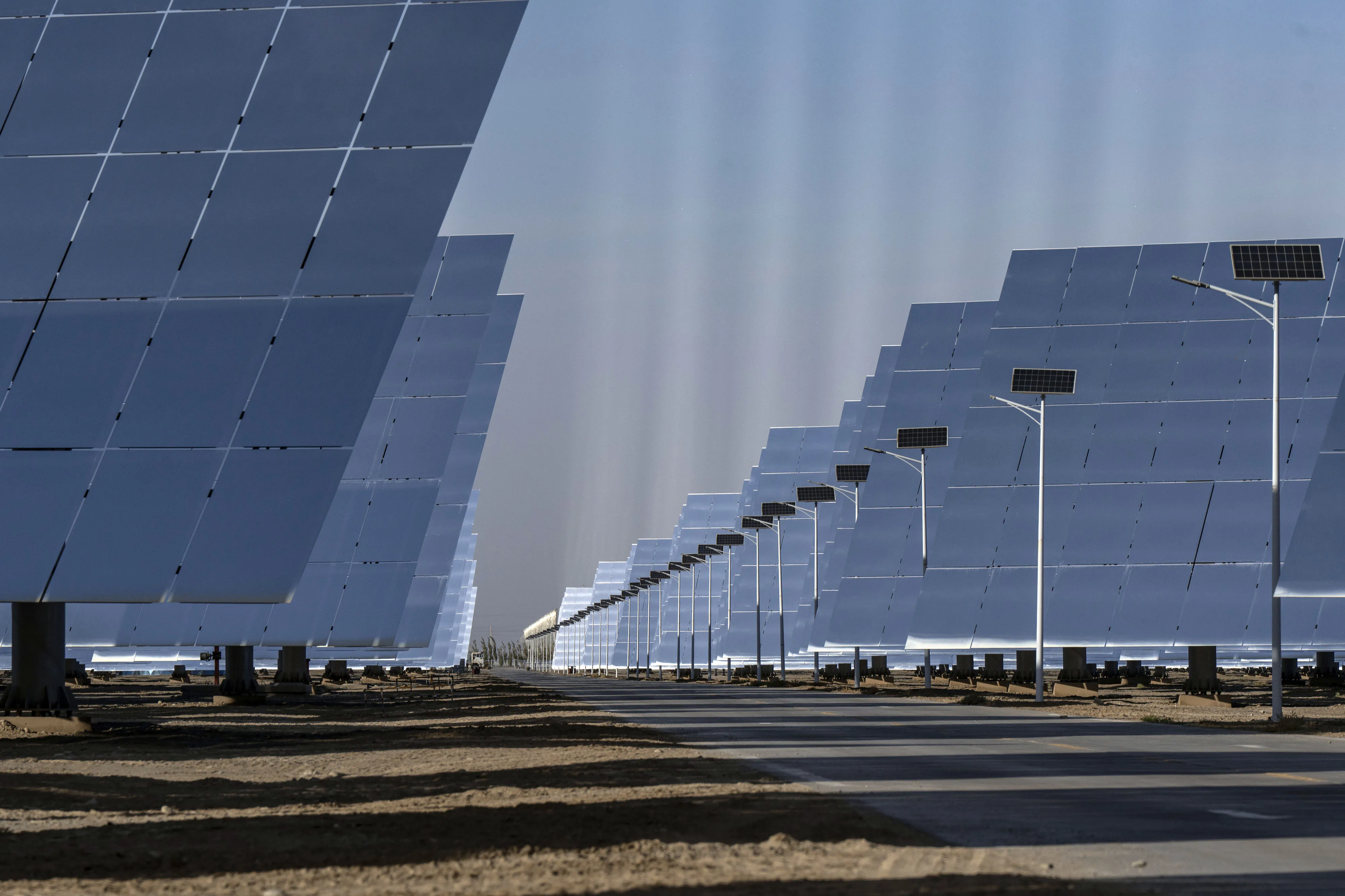 Solar panels at a photovoltaic power station in Gansu Province.