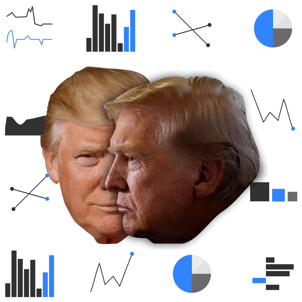 Close up headshots of President Trump during his first presidential term and second term that overlap on a white background. The second term photo appears on top and is facing the left, covering half of the first term portrait. The second term photo appears to be leaving a shadow on the first term photo. Around the portraits, various chart forms float in a square pattern.