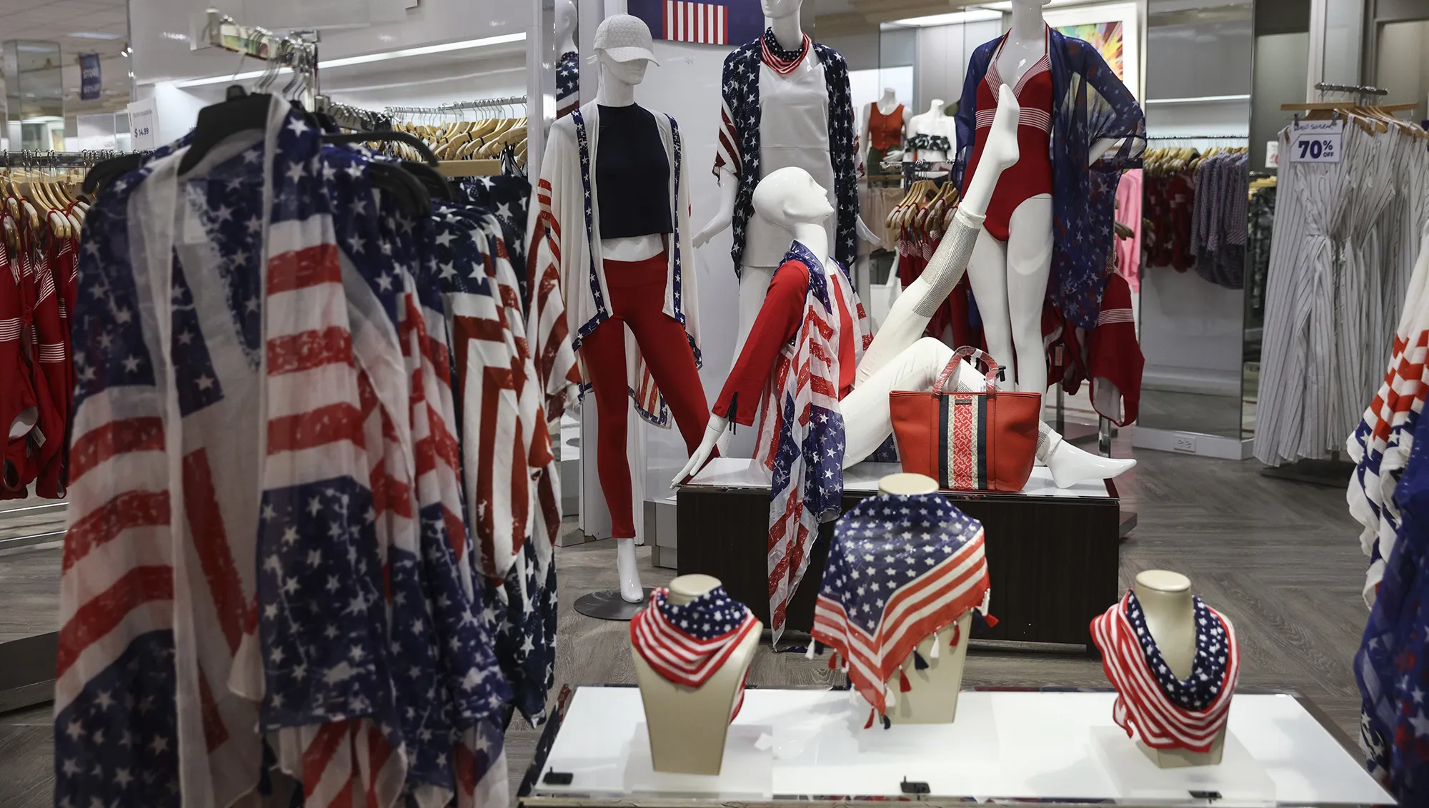 American flag themed clothing for sale at the Willowbrook Mall in Wayne, New Jersey.