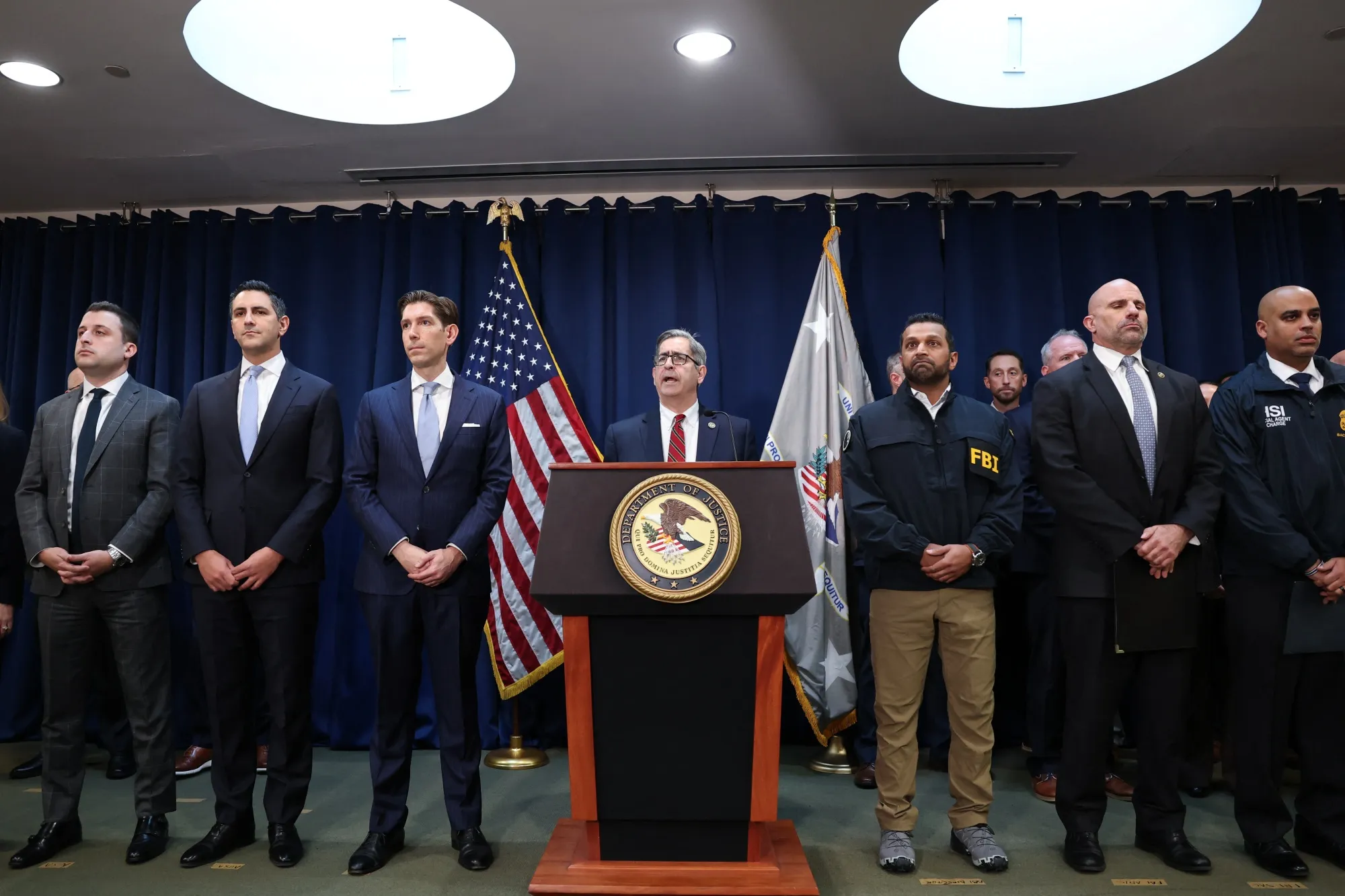 Brooklyn, New York US Attorney Joseph Nocella, center, announces&nbsp;arrests tied to illegal sports betting and poker game schemes on Oct. 23.