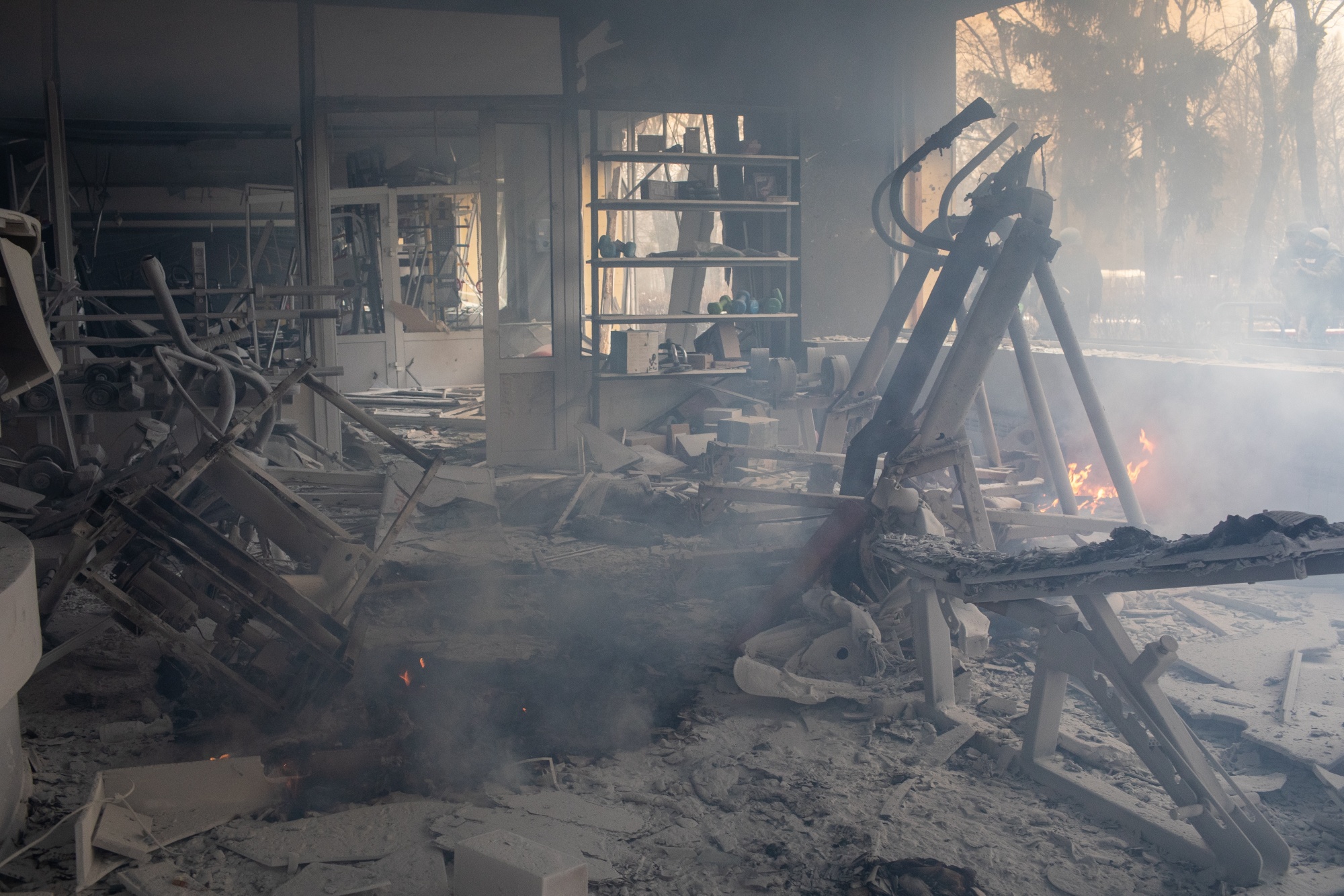 A destroyed fitness center following Russian missile strikes in Kyiv, Ukraine, on March 2.&nbsp;