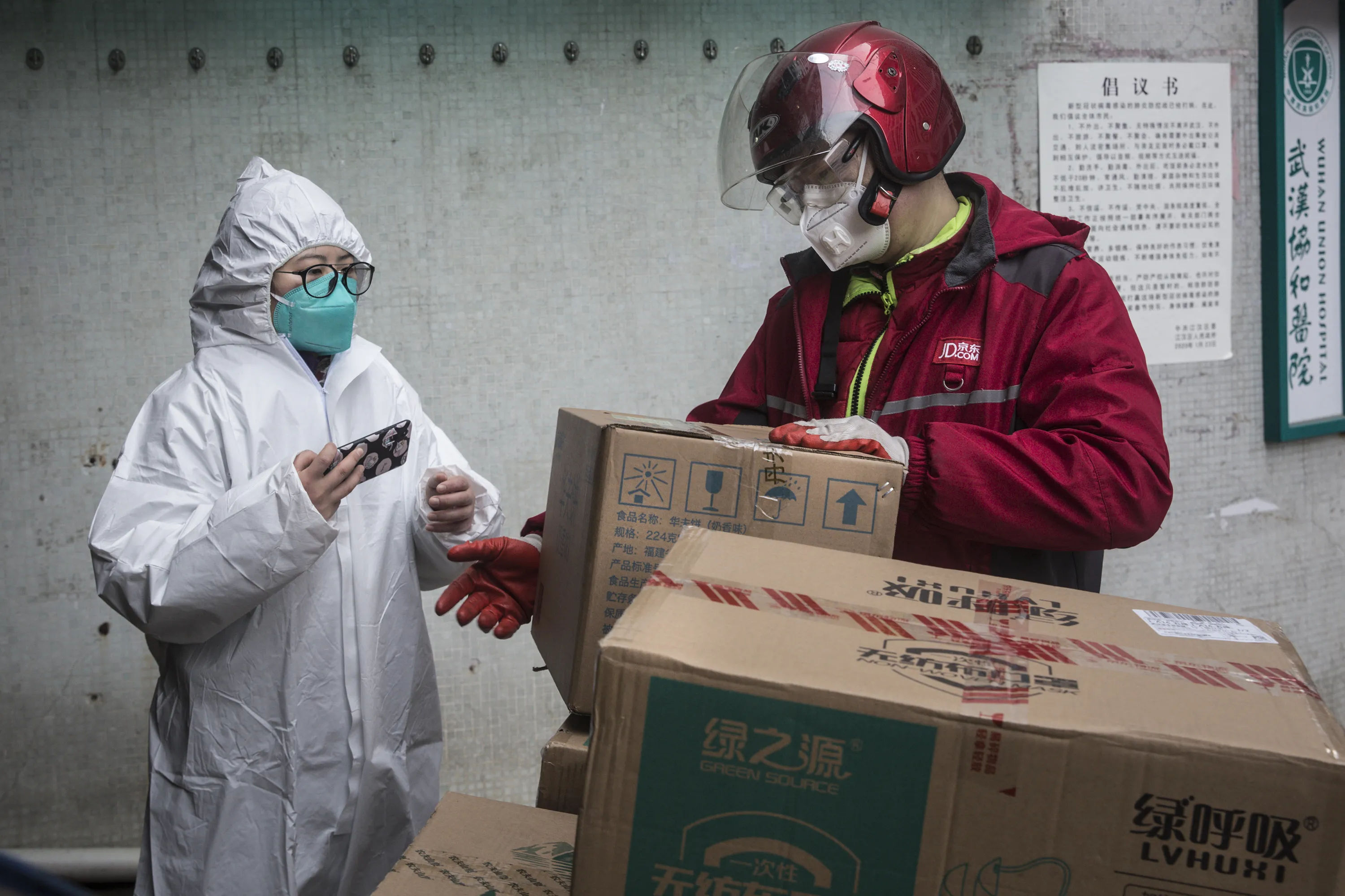 A courier delivers supplies to the Wuhan Union Hospital on Jan. 29.