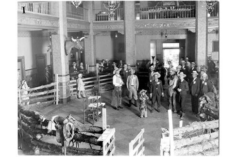 The lobby in the Hilton Hotel in San Angelo when it wasdecorated to resemble a corral for an event circa 1930s