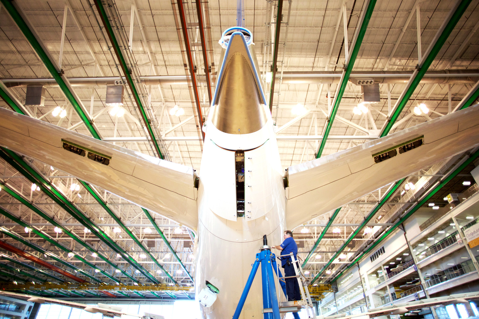 An employee works on the tail of a Boeing Dreamliner 787 plane on the production line at the company's final assembly facility in North Charleston, South Carolina.