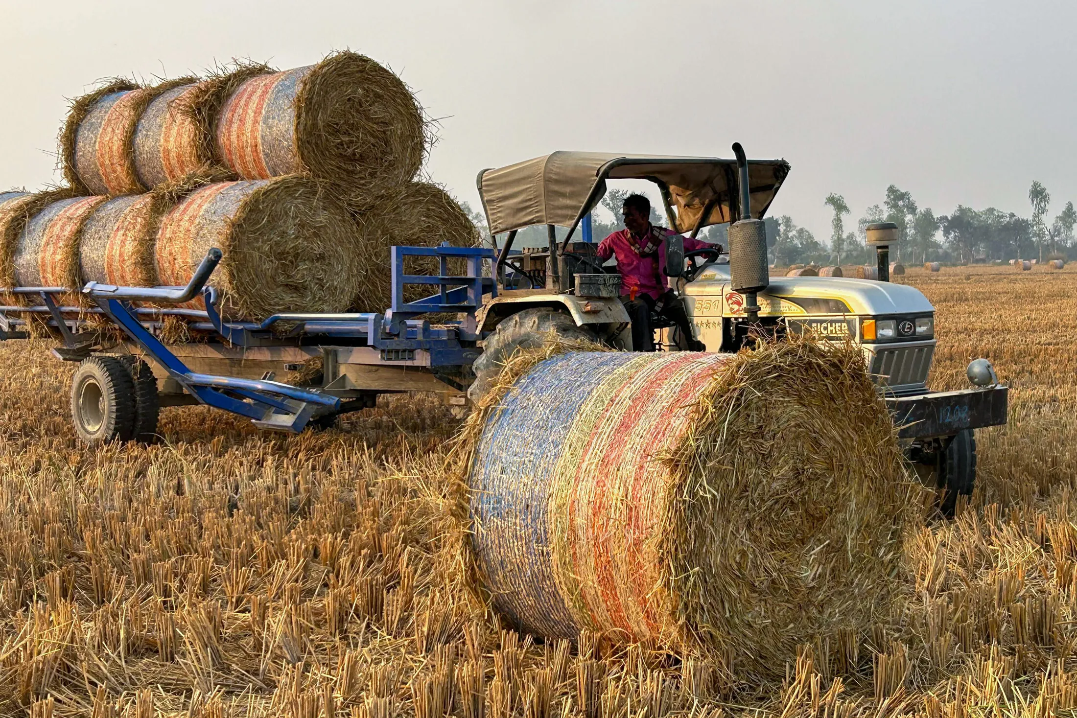 A baler gathers bales to clear a field in Haidergarh, Uttar Pradesh in November.