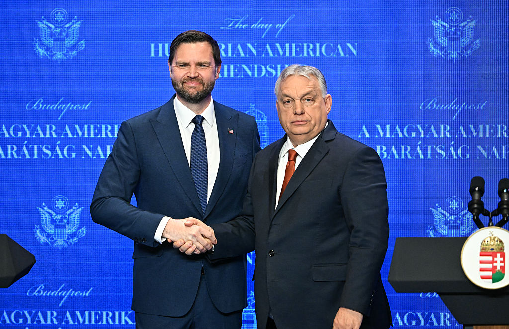 Hungary's Prime Minister Viktor Orban (R) and US Vice President JD Vance shake hands after a joint press conference in Budapest, Hungary, April 7, 2026. US Vice President JD Vance arrived in Hungary to deliver the US President's support to his ally, nationalist Prime Minister Viktor Orban, ahead of tightly contested parliamentary elections scheduled for April 12, 2026. (Photo by Attila KISBENEDEK / AFP via Getty Images)