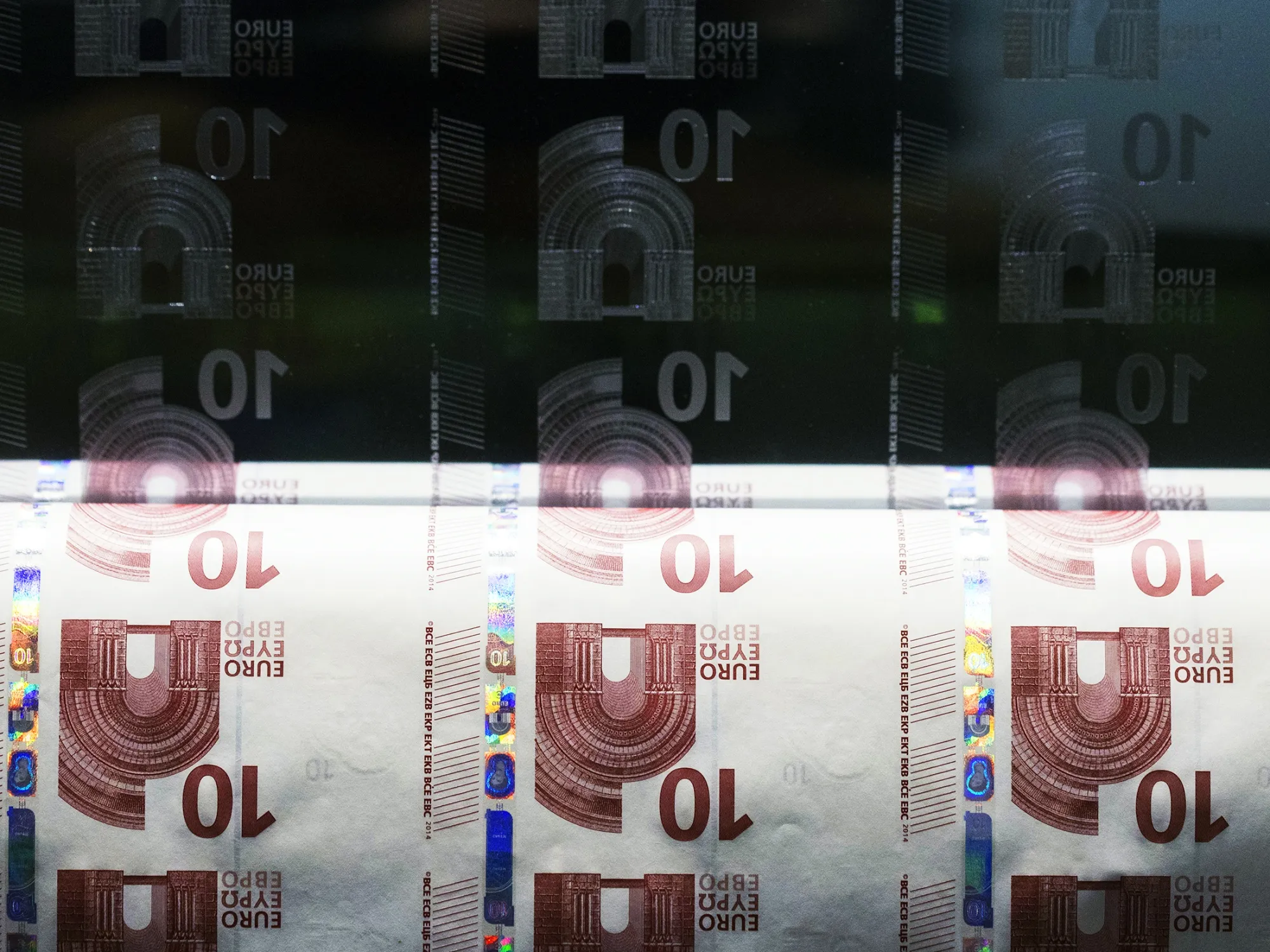 An intaglio printing plate, used for the printing of ten euro currency banknotes, and a sheet of printing paper sits on display inside the Deutsche Bundesbank's money museum in Frankfurt, Germany, on Thursday, Dec. 29, 2016. German business sentiment rose to the highest level in almost three years in December, signaling growth in Europe's largest economy picked up speed toward the end of the year.