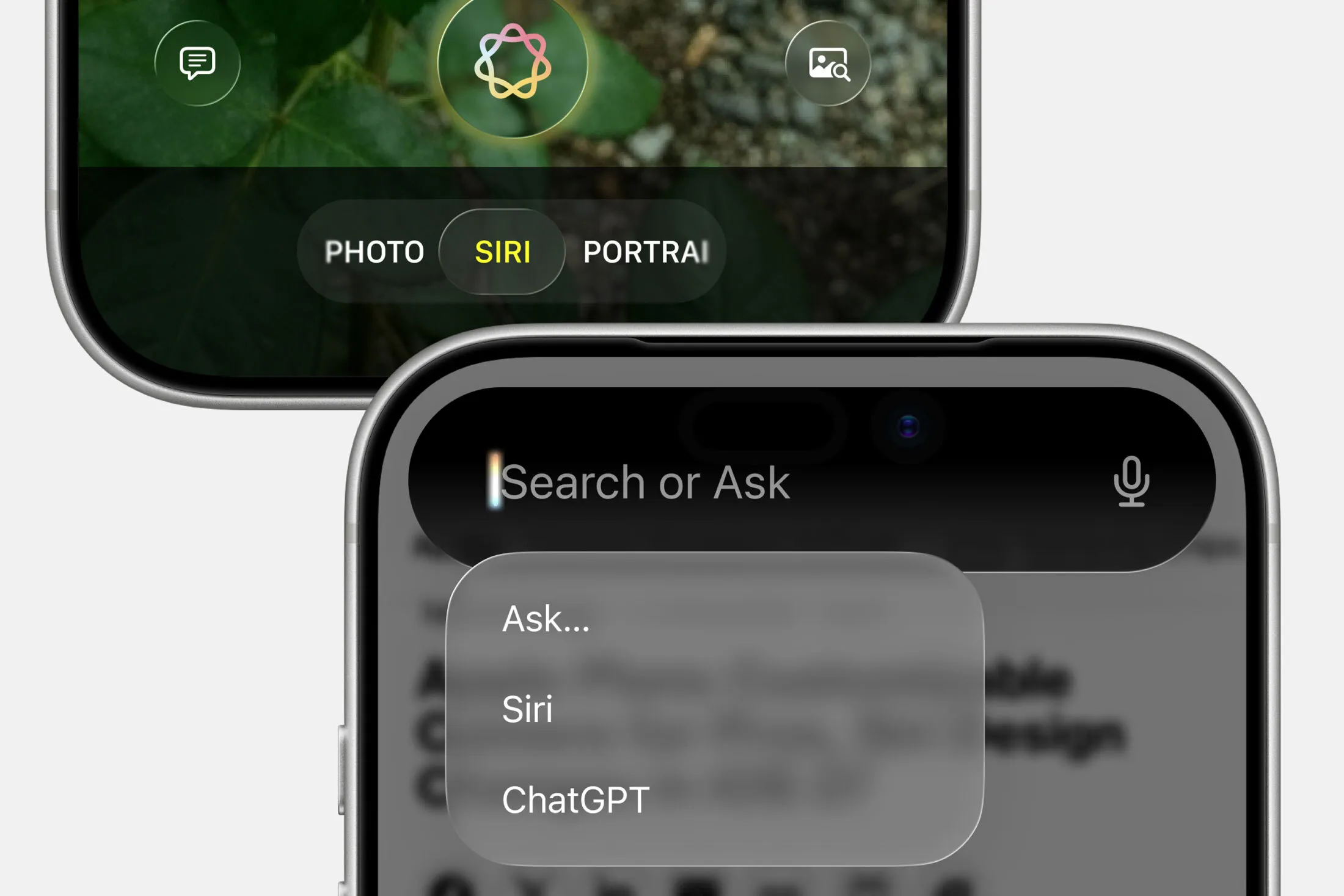 Siri 集成示意：Camera 与新的 Search/Ask 界面