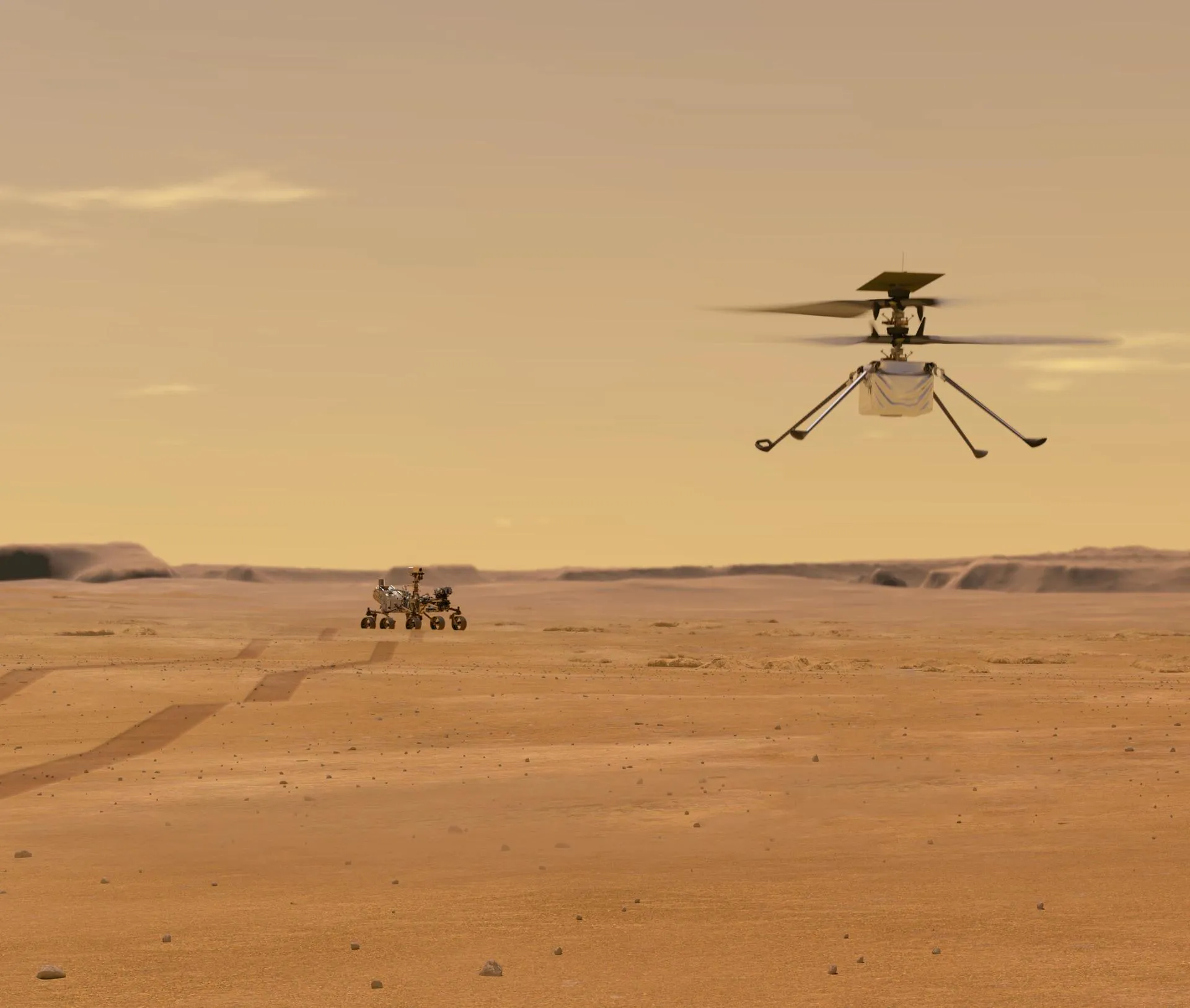 This illustration of Mars Helicopter Ingenuity during a test flight on Mars.
