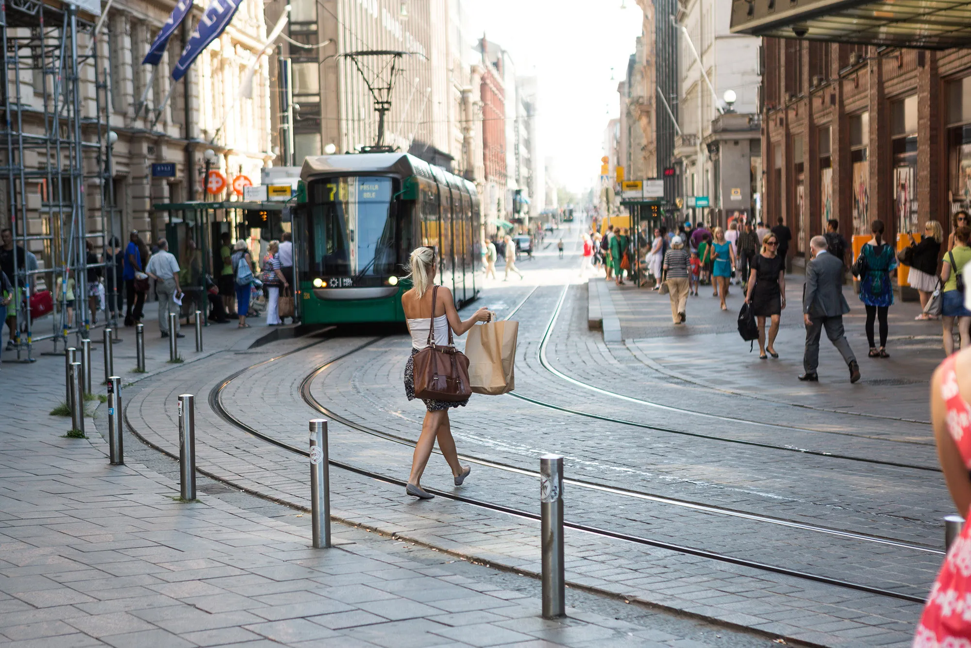 Pedestrians and shoppers in central Helsinki.