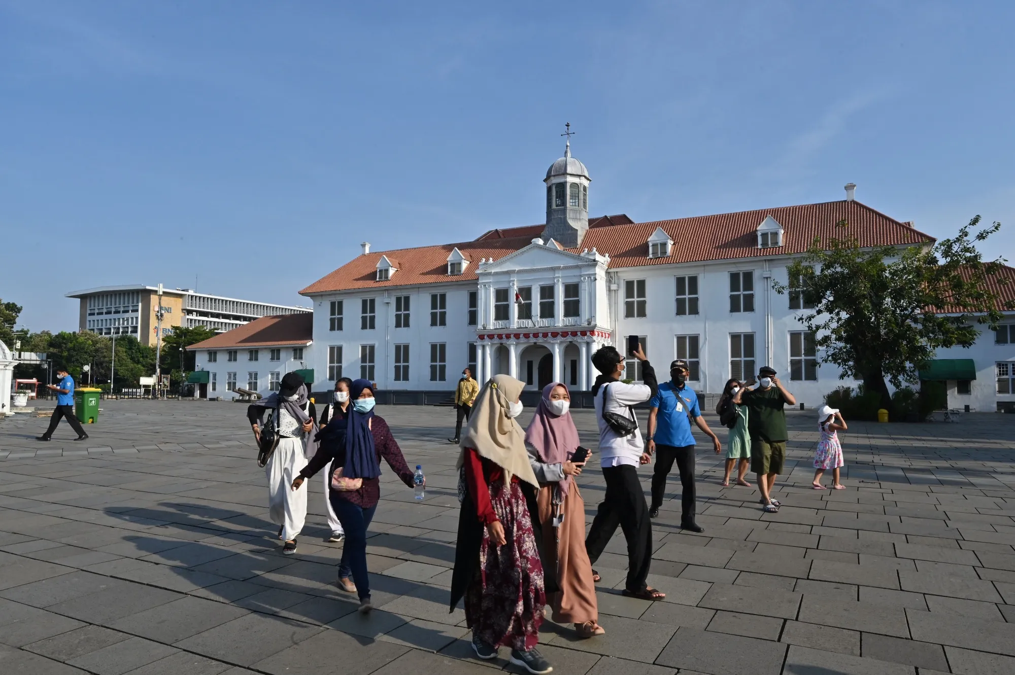 Visitors at Fatahilah museum at Kota Tua old town following the government reopening of tourism spots in Jakarta on Oct. 24.