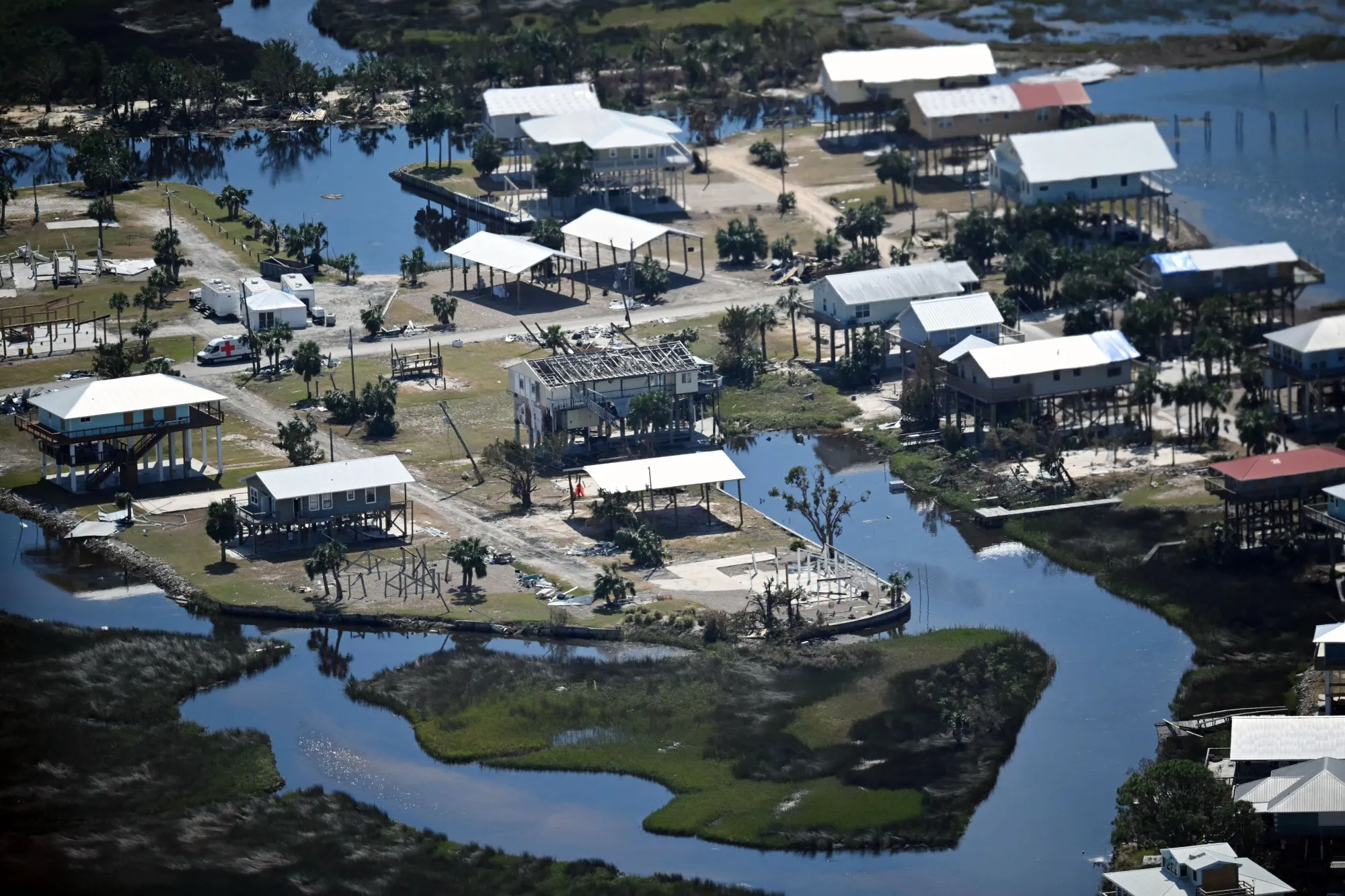 A view of damaged homes affected by Hurricane Helene near Keaton Beach, Florida in October 2024.&nbsp;