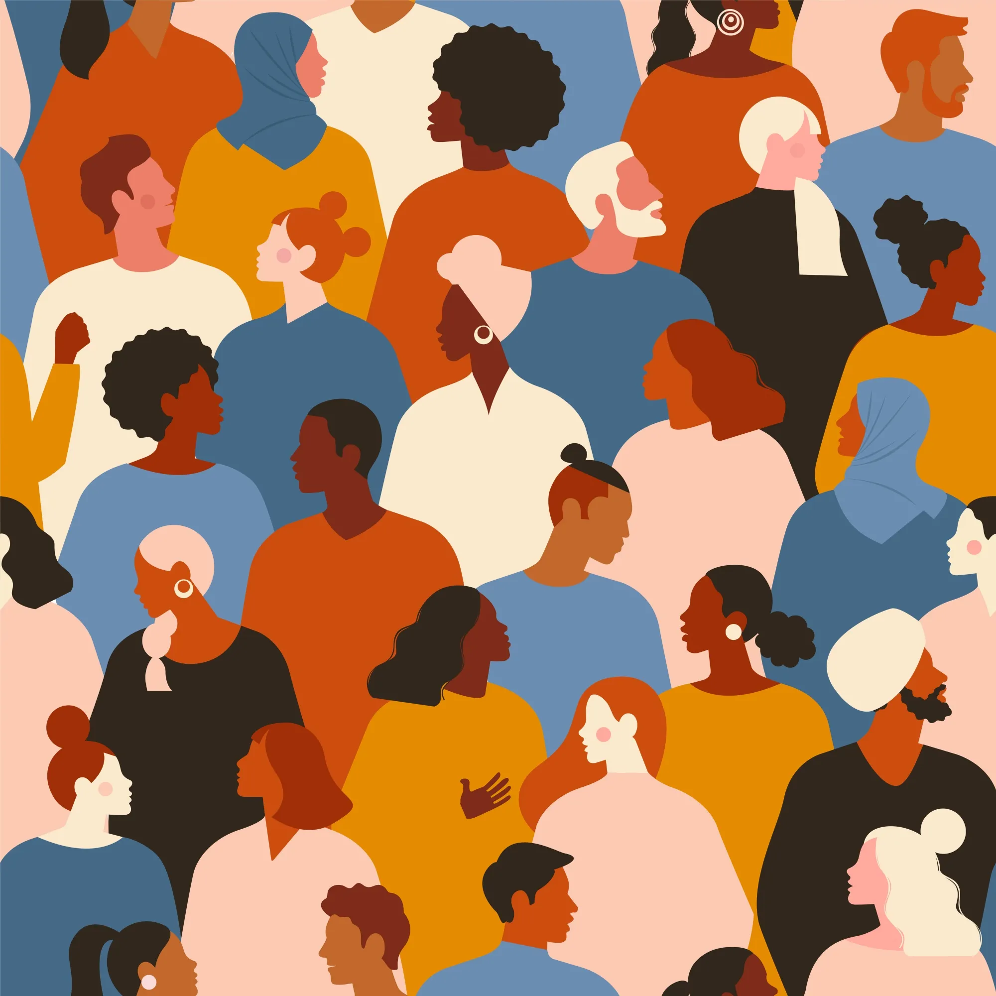 Concept on the theme of racism. Stop racism. The image of protesting people, equality. protest. Vector stock illustration. Flat style. Seamless pattern.