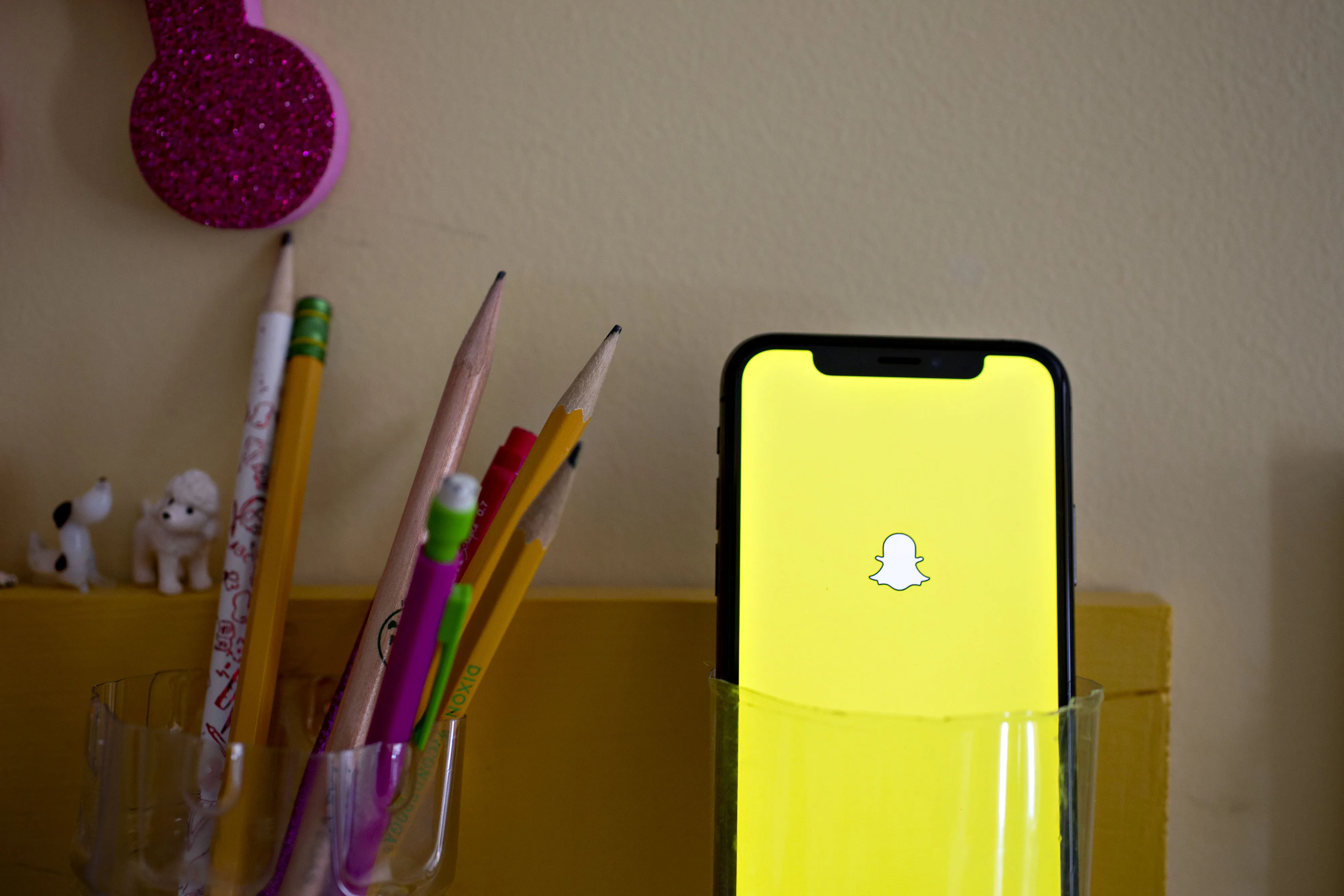 Dog figurines, pencils and Snapchat.
