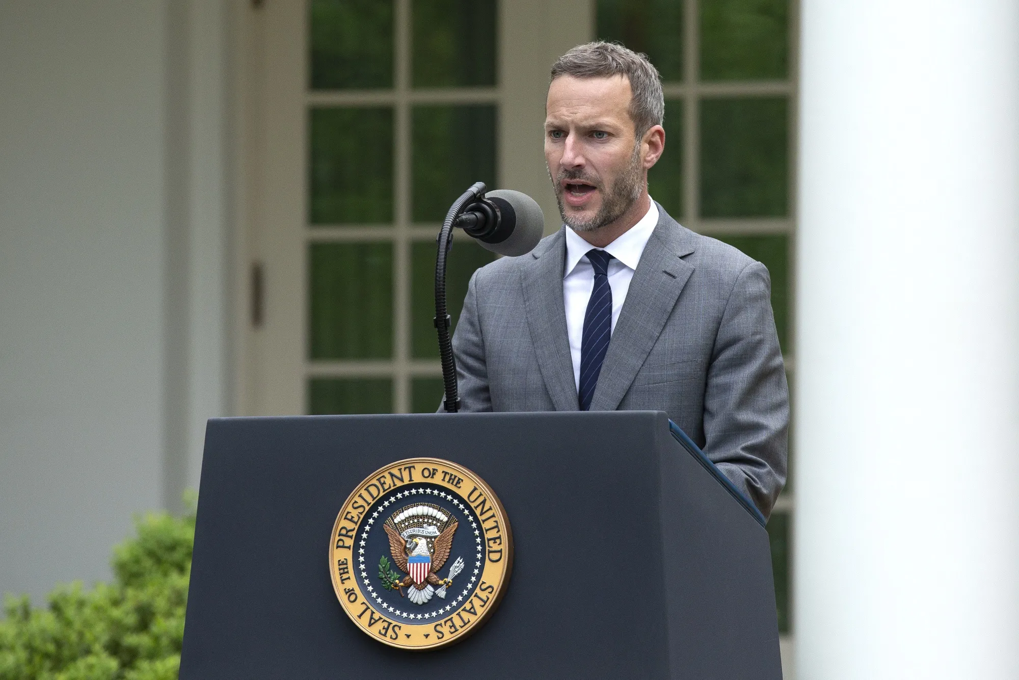 Adam Boehler speaks in the Rose Garden of the White House in 2020.