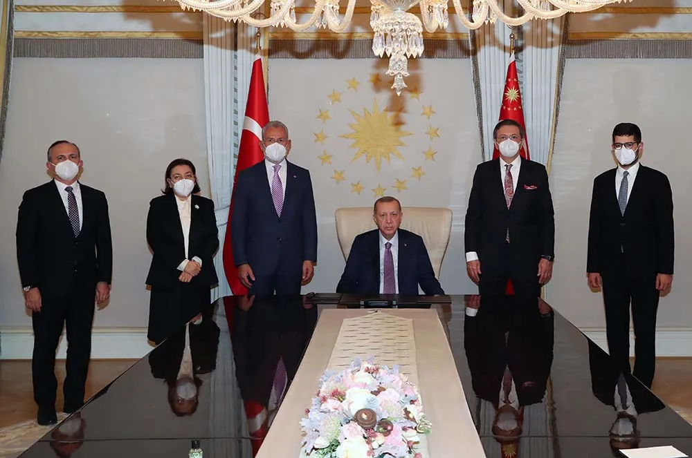 Recep Tayyip Erdogan chairs the Turkey Welfare Fund Board of Directors meeting  in Istanbul, in 2020.