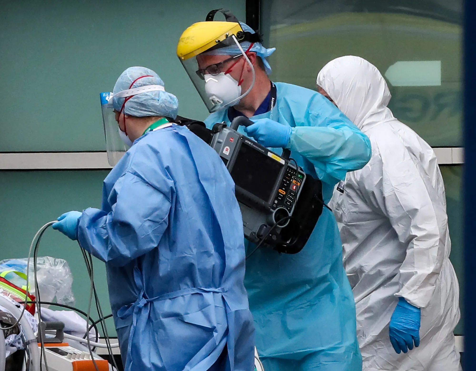 Staff work at the Royal Liverpool University Hospital wearing various items of PPE, on April&nbsp;18.