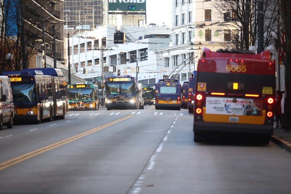 Third Avenue in Seattle becomes a transit-only corridor during rush hour, allowing buses to coordinate with one another for swifter travel. 