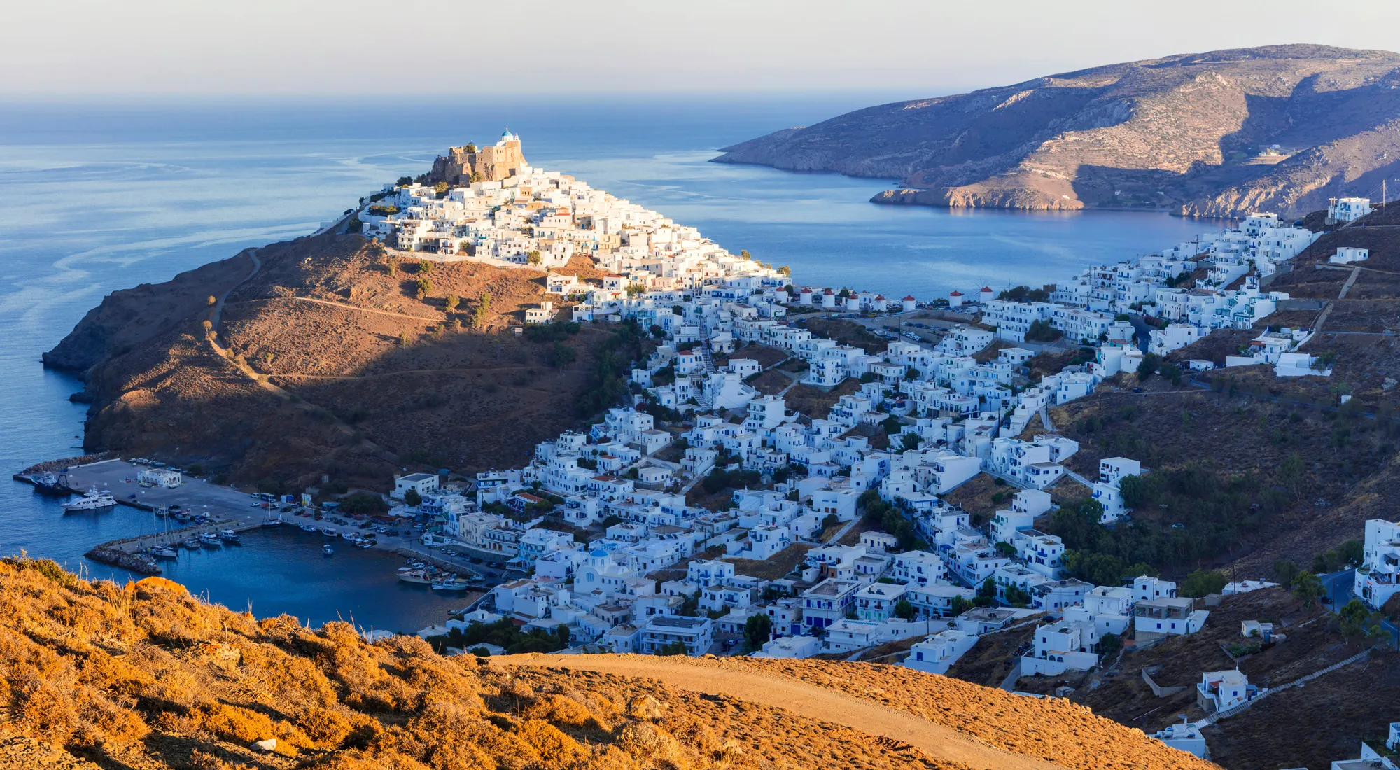 Astypalea island over sunset, Greece.