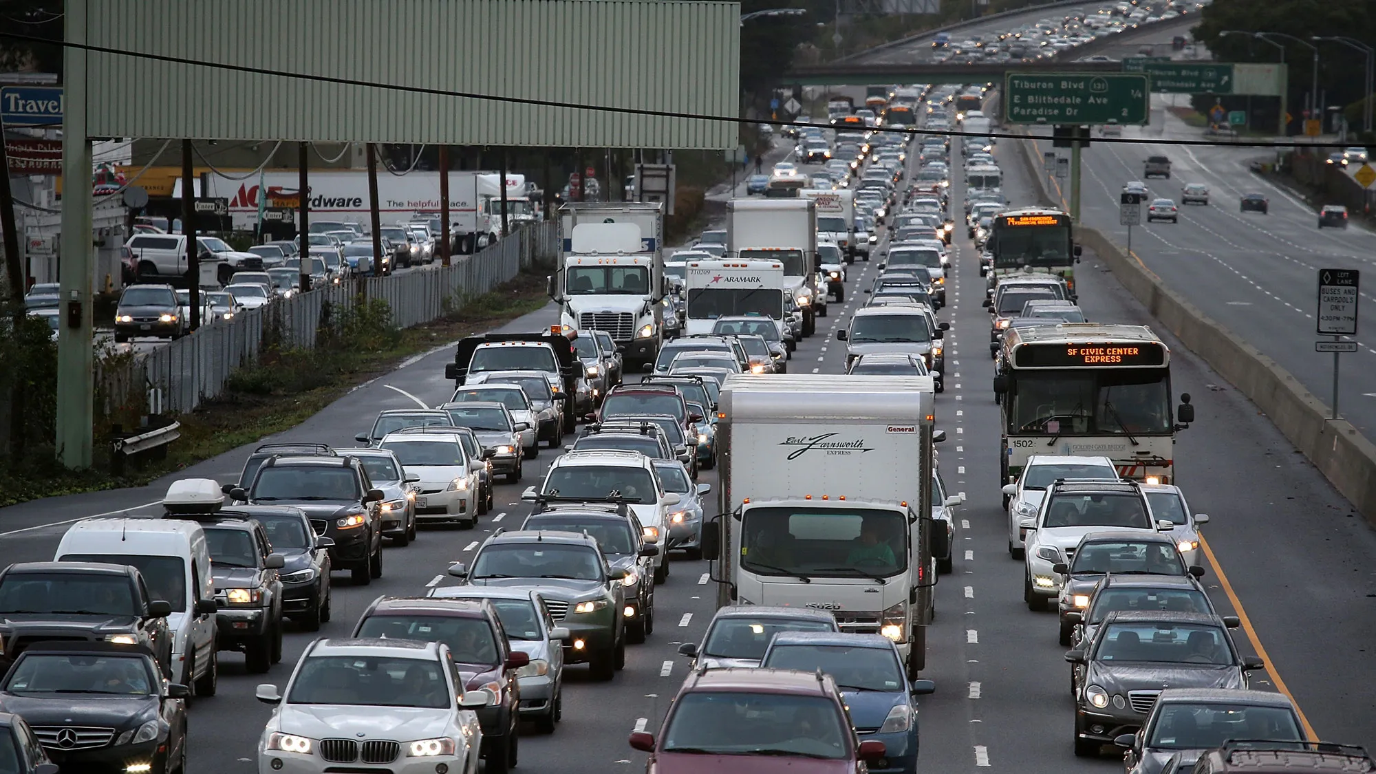 Cars sit in miles-long traffic jam on southbound highway 101 as they approach a flooded section of the freeway on December 3, 2014 in Mill Valley, California.

