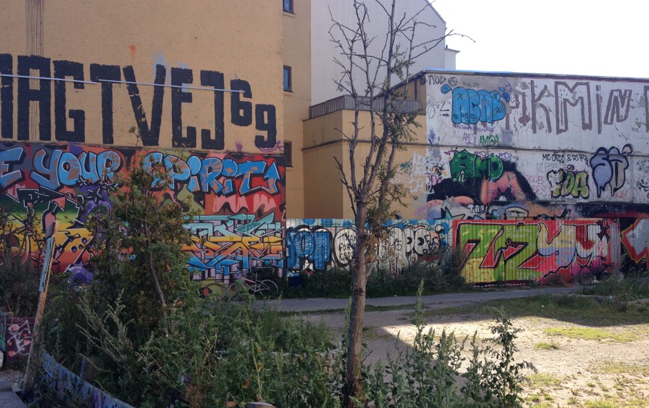 Public spaces in Copenhagen's Norrebro District often feature colorful graffiti.