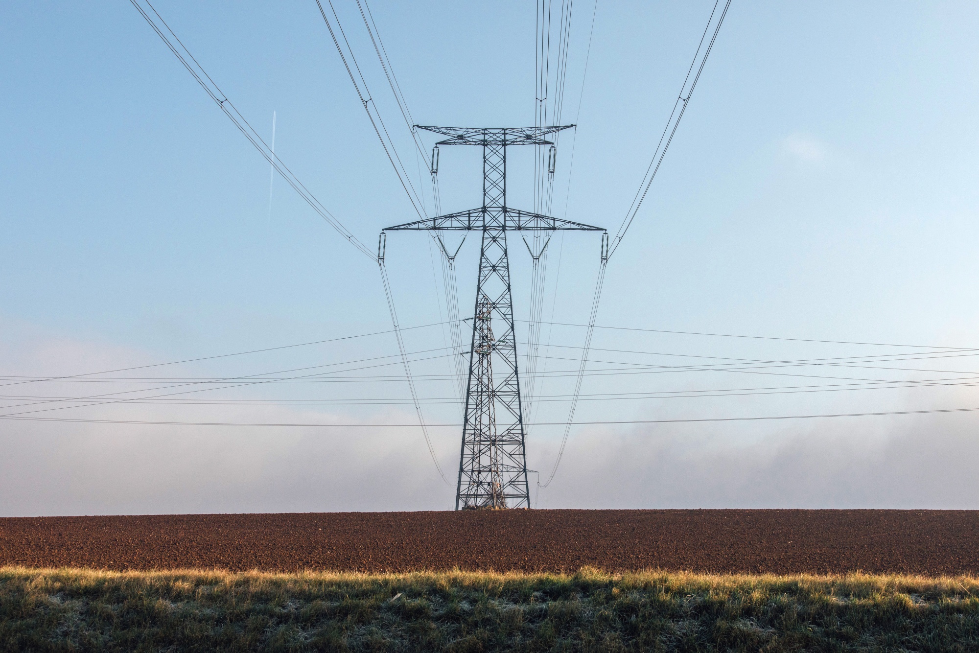 High tension electricity lines in Nogent-sur-Seine, France.